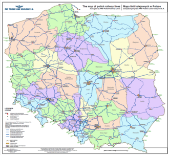 The overview map of Polish railway lines managed by PKP Polskie Linie Kolejowe S.A.