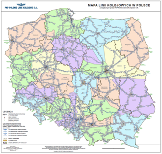 The map of Polish railway lines managed by PKP Polskie Linie Kolejowe S.A.