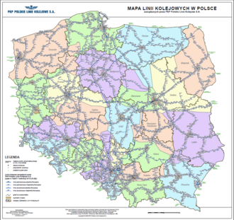 The map of Polish railway lines managed by PKP Polskie Linie Kolejowe S.A.
