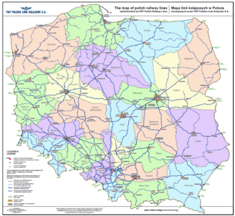The overview map of railway lines in Poland managed by PKP Polskie Linie Kolejowe S.A. and other IMs