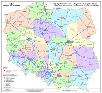 The overview map of Polish railway lines managed by PKP Polskie Linie Kolejowe S.A.