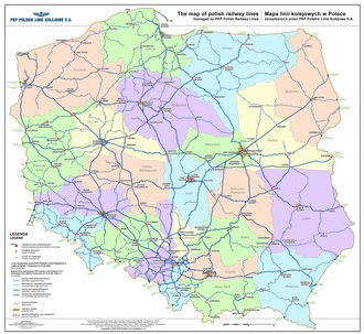 The overview map of railway lines in Poland managed by PKP Polskie Linie Kolejowe S.A. and other IMs